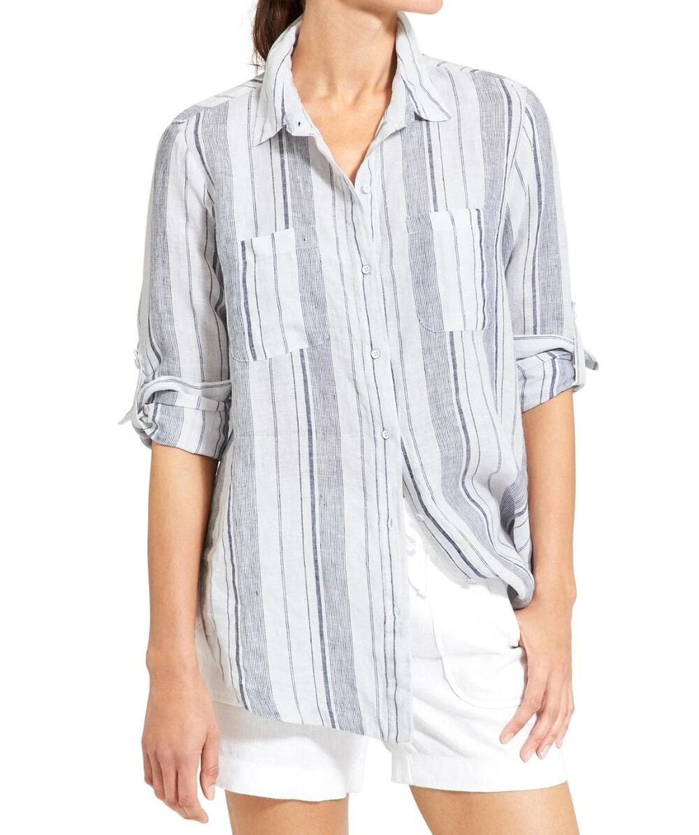 ATHLETA 100% Linen Stripe Peninsula Button Front Top 2.0 Coastal Nautical S